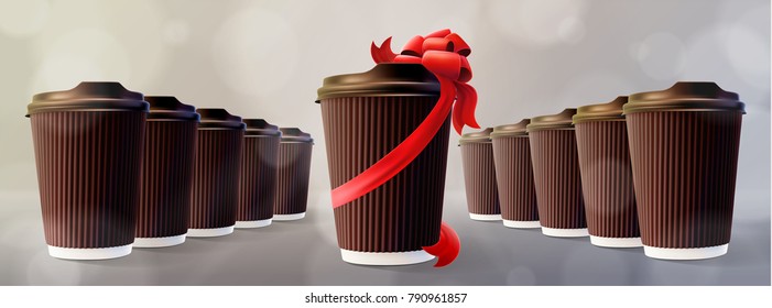 Coffee to Go. Brown Ripple Cups with Gift Cup. Bokeh Gray Background