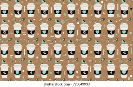 Coffee to go. Cafe. Seamless pattern with cute birds and coffee cups.  All elements are  hidden under mask. Pattern are not cropped and can be edited. Cute vector illustration.