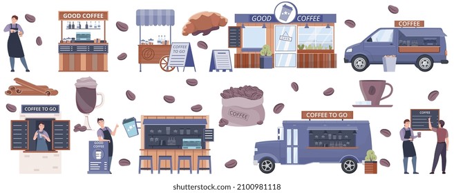 Café para ir café conjunto con símbolos para llevar ilustración vectorial aislada plana