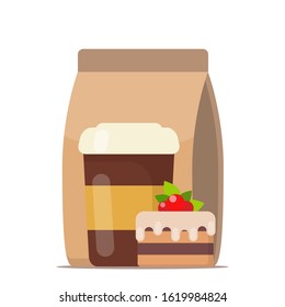 Coffee to go and cake. Fast food, cofffe to go, breakfast. Vector illustration in flat style