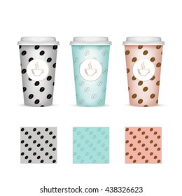 Coffee to go cardboard cup templates. Cardboard coffee to go  cups with emblems and logos and patterns. 