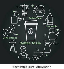 Coffee to go chalk vector banner. Linear icons of coffee and tea in circle desing on black