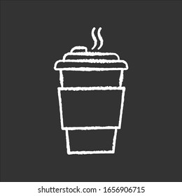 Coffee to go chalk white icon on black background. Caffeine drink in plastic cup. Hot beverage, tea disposable paper mug with lid and straw. Takeout cappuccino. Isolated vector chalkboard illustration