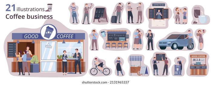 Composición de café para ir con símbolos empresariales ilustración vectorial aislada plana