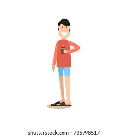 Coffee to go concept vector illustration in flat style. Young man with takeaway coffee. Coffee house people flat style design element, icon isolated on white background.
