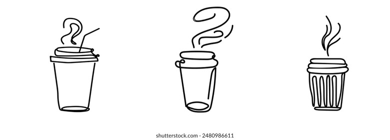 Coffee to go. Continuous line sketch. set of coffee cups