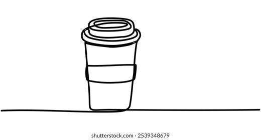 Café para ir ilustração vetor de linha contínua, Desenho de linha contínua do ícone de café Take Away. Símbolo desenhado à mão ilustração vetor, Сxícara de papel de uma linha contínua de café. Café para ir tema.