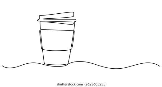 Coffee to go continuous line vector illustration, Paper cup of hot coffee in one Continuous line drawing. Concept of drink to go in line art style. Editable stroke. Vector illustration, Minimal design