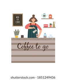 Coffee to go counter with barista girl pouring drink into cup. Cartoon cafe worker standing at restaurant front stand and making hot beverage, isolated vector illustration