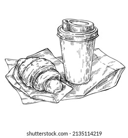 Coffee To Go And Croissant, Paper Bag. Sketch Takeaway Eco Cup. Hand Drawn Coffee Sketch On White Isolated Background. 