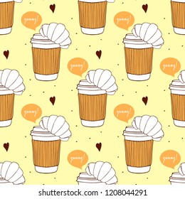 Coffee to go with a croissant and speech bubble. Takeout, takeaway fast food. Seamless pattern with street food. Hand drawn vector Illustration.