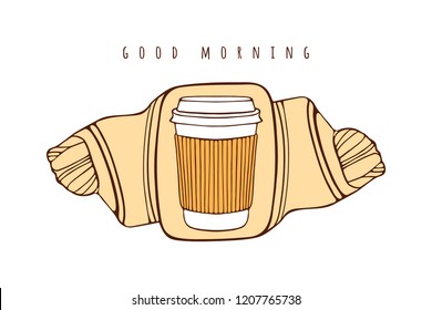 Coffee to go and a croissant.  Takeout, takeaway fast food. Hand drawn vector Illustration.