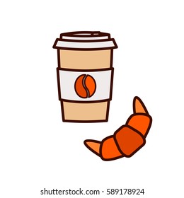 Coffee to go and croissant vector icon illustration. Modern breakfast food and drink.