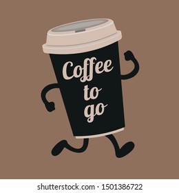 Coffee to go cup in cartoon style isolated on brown background. Good for banner in a coffee shop, social media post, stickers and postcards. Vector illustration EPS 10.