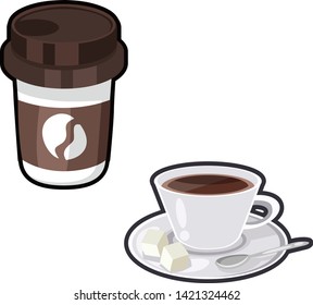 Coffee to go and coffee cup cartoon vector icon
