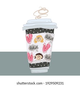 Ein Kaffee zum Becher Design mit lustigen Doodles - Junge, Mädchen, Herz und Sprache Blase mit hallo Wort.  Vektorgrafik. Handgezeichneter Stil