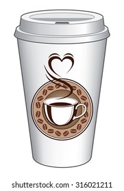 Coffee To Go Cup Design With Steaming Heart is an illustration of a coffee design on a to go cup. Includes a cup of coffee with steam coming off of it making the shape of a heart.