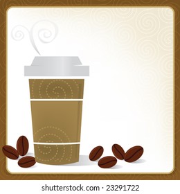 Coffee To Go Cup Frame; Swirly and stylized with coffee beans. Easy-edit layered file.