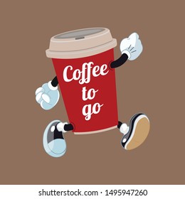 Coffee to go cup hand drawn vector illustration and lettering in cartoon style isolated on brown background. Good for banner in a coffee shop, social media post, stickers and postcards. Vector illustr