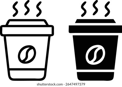 Coffee To Go Cup Icon Set – Black and White Steaming Beverage Symbol Vector Illustration