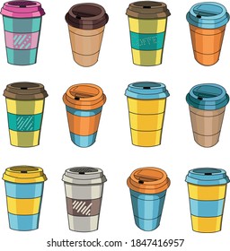 Coffee to go. Cup with lid. A cup of hot drink. Set of cups