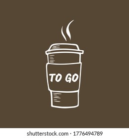 Coffee to go cup with a lid and smoke vector illustration. Coffee take away sign for print, cafe, menu, restaurant, advertisement. Coffee emblem for reopening. Coffee emblem for cafe advertisement.