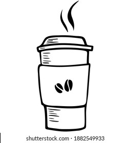 Coffee to go cup with a lid and smoke vector illustration. Coffee take away sign for print, cafe, menu, restaurant, advertisement. Coffee emblem for reopening. Coffee emblem for cafe advertisement.
