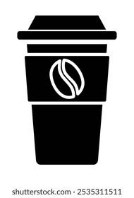 Coffee to go cup with lid - vector silhouette image for icon or pictogram. Black Thermos cup with cappuccino for logo or sign.