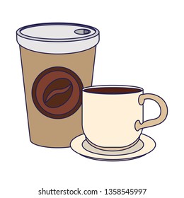 Coffee to go cup and mug on dish blue lines