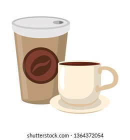 Coffee to go cup and mug on dish