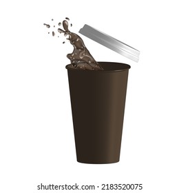 Coffee to go. Cup of coffee with open cap and coffee splashes. Vector illustration. EPS10.