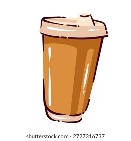 Café para ir xícara com tampa de plástico, recipiente de bebida take way, bebida quente de café, elemento de cultura café, símbolo de estilo de vida urbano, design de xícara reutilizável e descartável, ilustração de vetor de desenhos animados