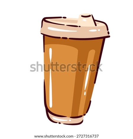 Coffee to go cup with plastic lid, takeaway drink container, hot coffee beverage, cafe culture element, urban lifestyle symbol, reusable and disposable cup design, cartoon vector illustration