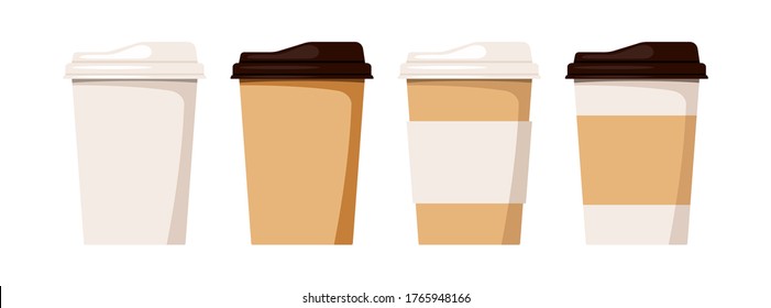 Coffee to go cup set isolated on white background. Disposable plastic and paper tableware for takeout hot drink - tea or coffee. Flat design cartoon cafe to go clipart element vector illustration.