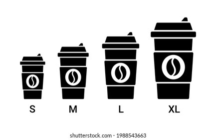 Coffee to go, cup size S, M, L, XL icon set. Mug sizes fo your business bar, cafe and menu. Simple flat design. Vector illustration.