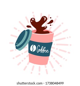 Coffee to go cup. Splashing coffee in paper cup isolated on white background. Hot invigorating drink. Decorative element for menu, advertising, flyer and poster design. Flat vector illustration