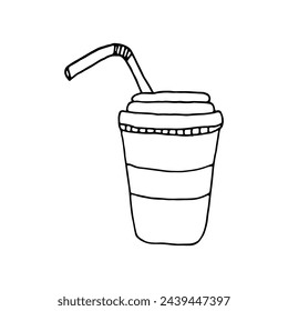 Café para llevar. Taza de café con una pajita. Doodle. Ilustración vectorial. Dibujado a mano. Esquema.
