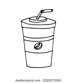 coffee to go in a cup with a straw hand drawn in doodle style. fast food drink in simple scandinavian style liner.