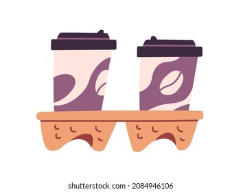 Coffee to go cups in cardboard cupholder. Takeaway hot drinks in carton mugs with plastic lids. Pair of take-away cappuccino in paper holder. Flat vector illustration isolated on white background