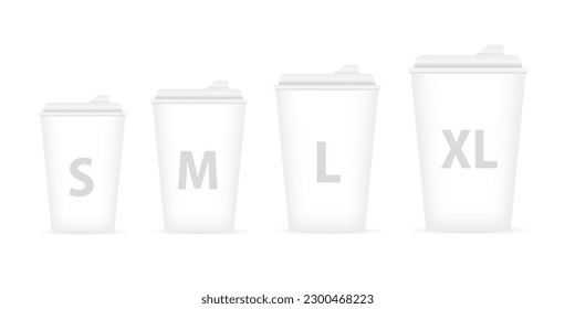 Coffee to go. Coffee cups different size set - s, m, l, xl. Paper takeaway coffee cups, isolated on white background. Vector illustration