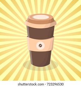 Coffee to go - cute cartoon colored picture. Graphic design elements for menu, packaging, advertising, poster, brochure. Vector illustration of fast food for snackbar, cafe or restaurant