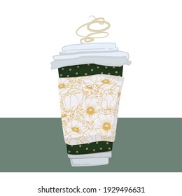 A coffee to go design cup with flowers and dots.  Vector illustration. Hand drawn style