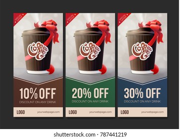 Coffee To Go Discount Vouchers. Coffee Ripple Cup With A Red Ribbon.