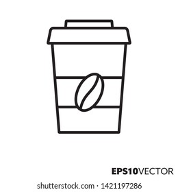 Coffee to go disposable cup with coffee bean line icon. Outline symbol of hot drink and disposable cup. Take away beverage flat vector illustration.
