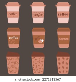 Coffee to go. Disposable cups with different lids, different colors and designs.