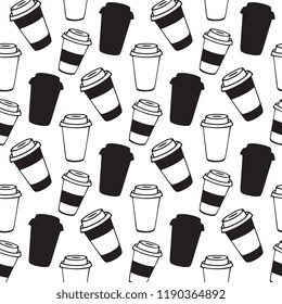 Coffee to go. Disposable cups with lids seamless pattern. Design menu for a coffee house, cafe, shop.