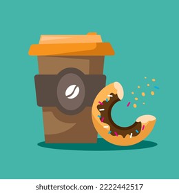 coffee to go and a donut. breakfast on the go. vector illustration on isolated on white background.