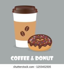 Coffee to go and donut. Vector illustration for discount voucher, flyer, cafe menu, advertising poster