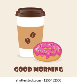 Coffee to go and donut. Vector illustration for discount voucher, flyer, cafe menu, advertising poster