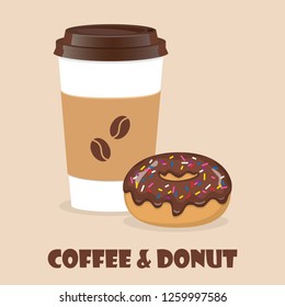 Coffee to go and donut. Vector illustration for discount voucher, flyer, cafe menu, advertising poster